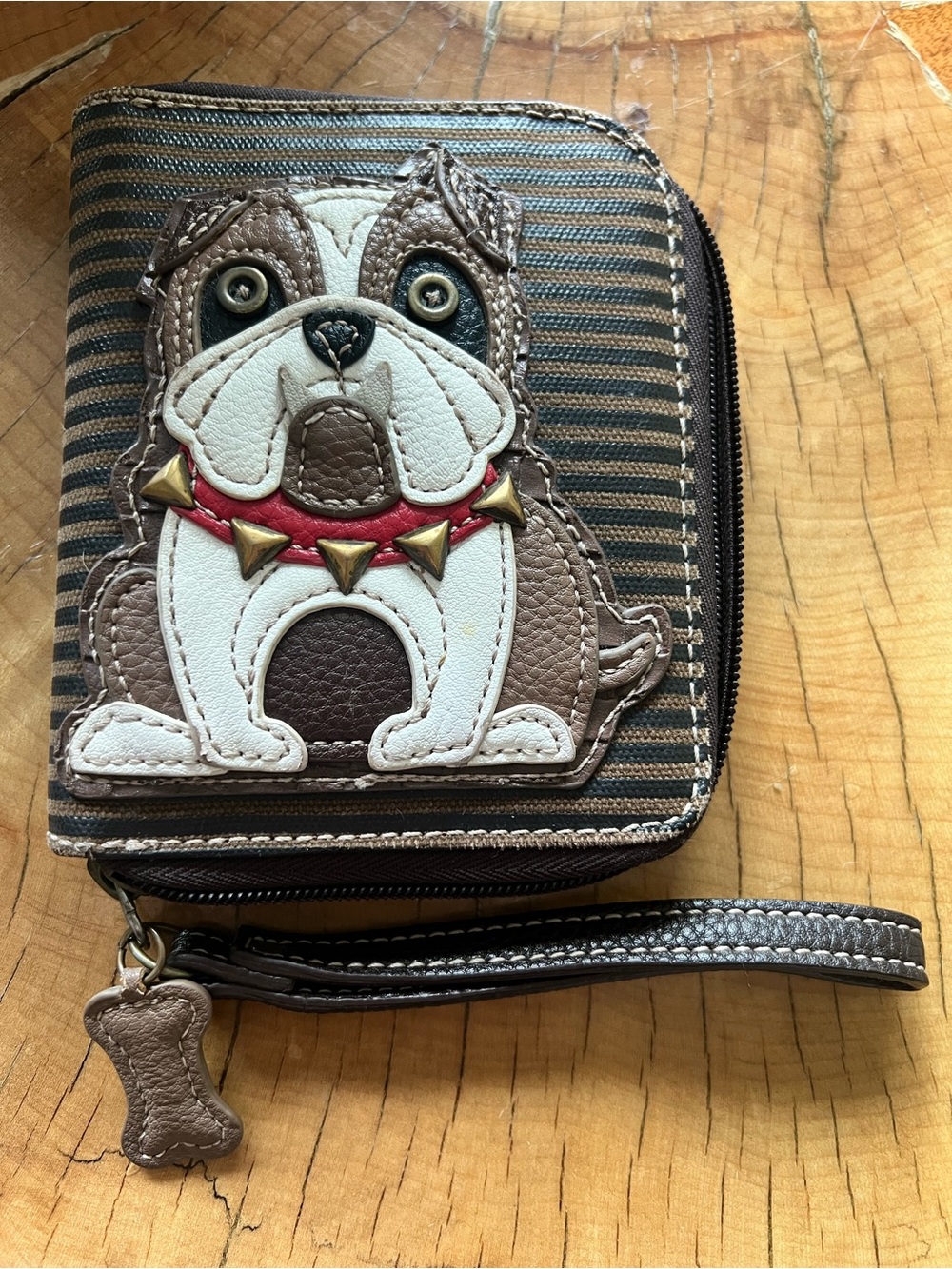 Chala - Brown and White Bulldog Zip Wristlet Wallet - Some Wear Shown In Pics.